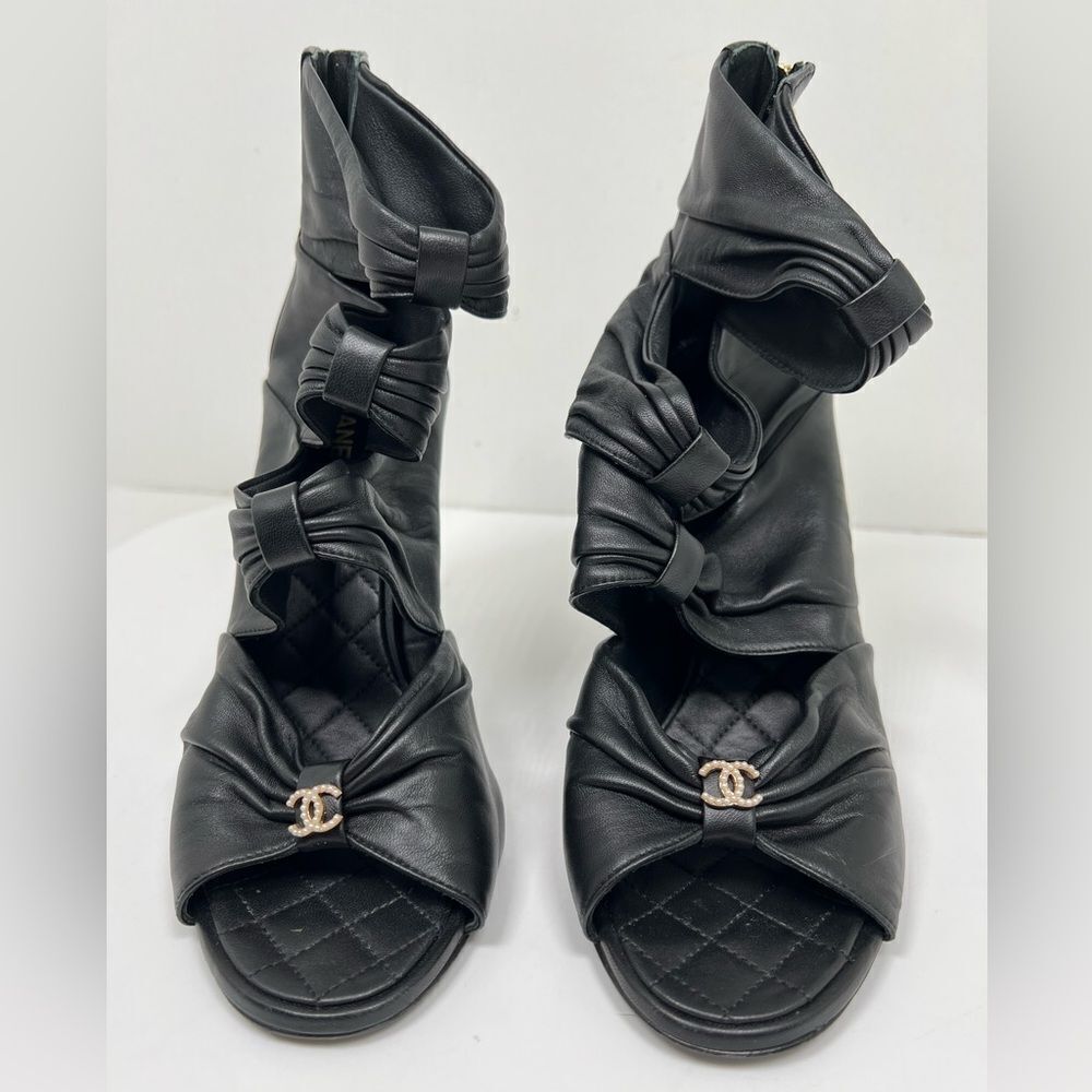 Chanel Ruched Open Toe Leather Camellia Booties Black